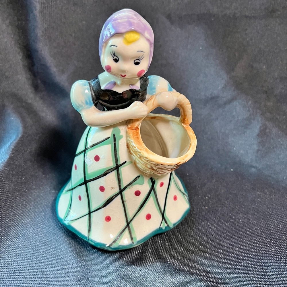 Vintage United China & Glass Co. Lady  Basket Vase Succulent Planter Small 1940s